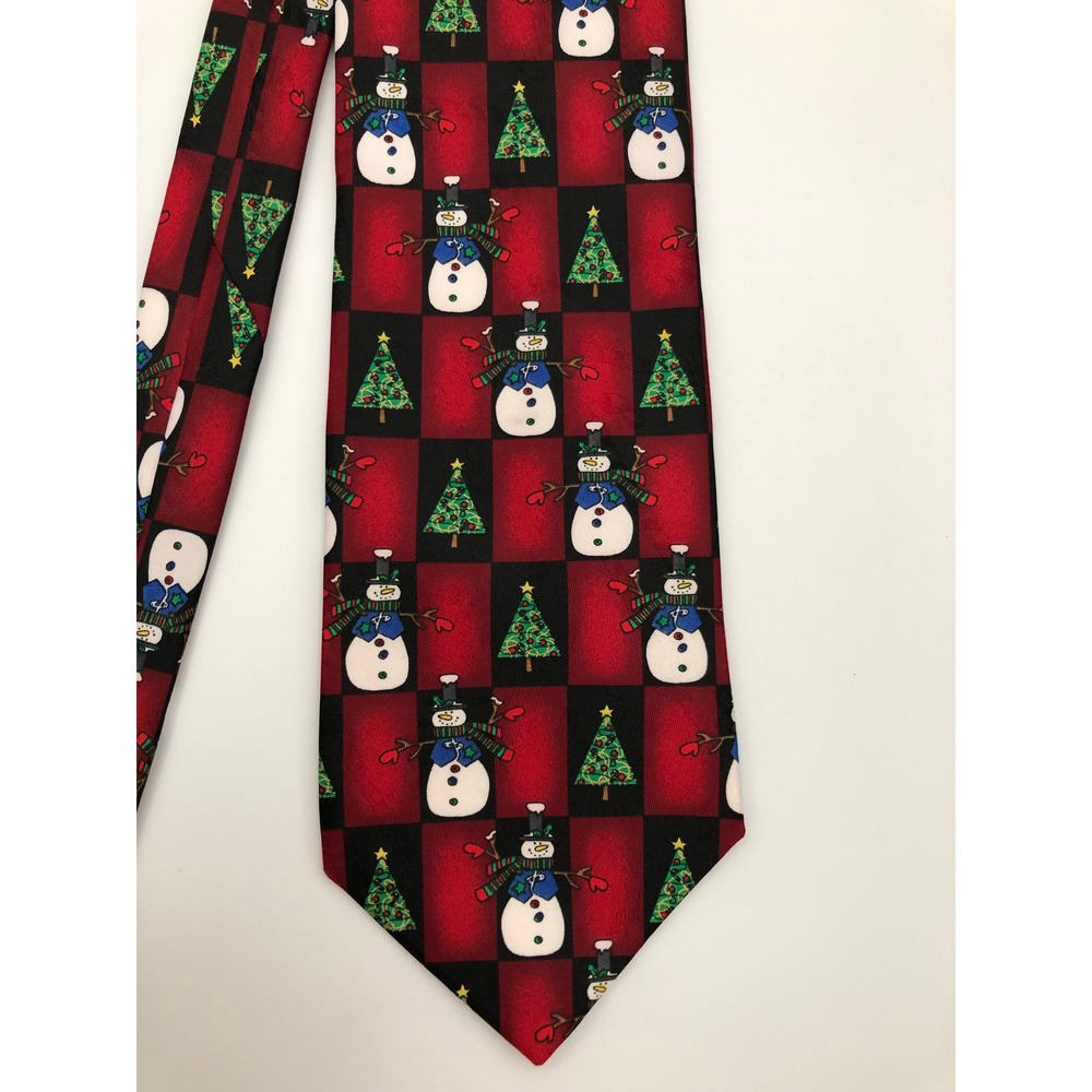 Vtg Hallmark Yule Tie Greetings Mens Necktie Christmas Snowman Red Black Check